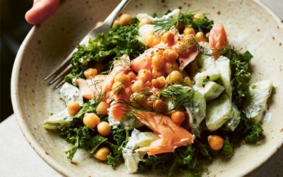 Chopped kale, dill and chickpea salad with smoked trout